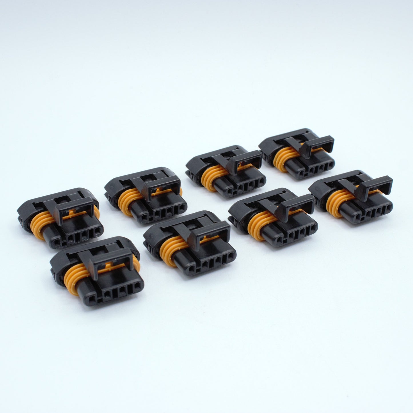Set of 8 GM LS ignition coil connectors for Gen 3 IIV ignition coils or D585 truck LS2 ignition coils.
Black with an orange seal, comes with a black TPA. Made by Delphi Metri-pack Metripack 150 series Code 1 coding keying 4 pin way terminal, sealed
Each set comes with terminals and seals
can be purchased as a set of 4, 6 or 8