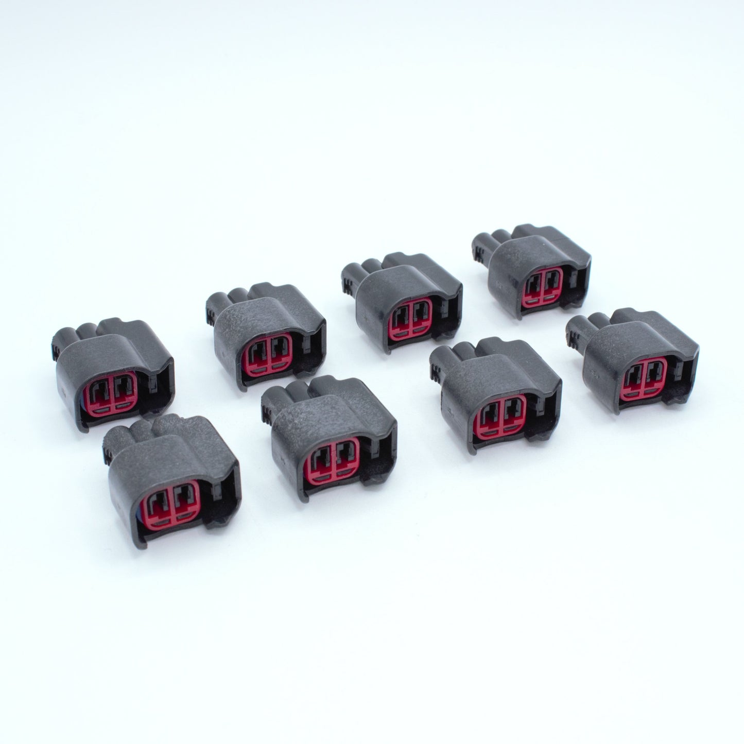 set of 8 EV14 injector connectors
black, red TPA blue seal
2 way terminal pin
sealed
Made by EPC 1.5 sealed series using yazaki terminals and seals
common for aftermarket EV14 injectors like Deatchwerks, injector dynamics, CPI, FIC fuel injector clinic and some OEM type
sold in sets of 4, 6 or 8 with terminals and seals