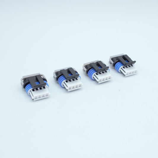 Set of 4 GM LS ignition coil connector for Gen 4 IV ignition coils or Corvette Camaro LS3 LS7 ignition coils. 
Black with an blue seal, comes with a white TPA on the front and a Grey . Made by Delphi GT150 series 4 pin way terminal, sealed
Each set comes with terminals and seals Code B coding keying
can be purchased as a set of 4, 6 or 8PS on the pack