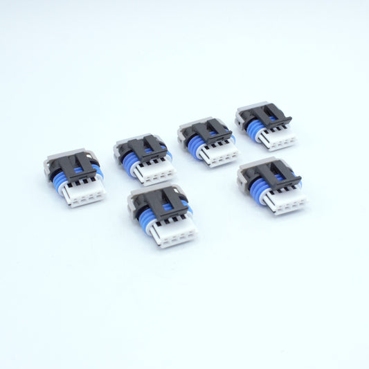 Set of 6 GM LS ignition coil connector for Gen 4 IV ignition coils or Corvette Camaro LS3 LS7 ignition coils. 
Black with an blue seal, comes with a white TPA on the front and a Grey . Made by Delphi GT150 series 4 pin way terminal, sealed
Each set comes with terminals and seals Code B coding keying
can be purchased as a set of 4, 6 or 8PS on the pack