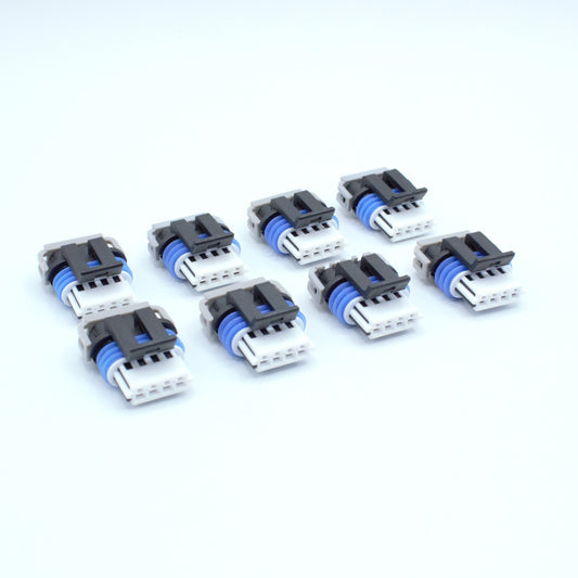 Set of 8 GM LS ignition coil connector for Gen 4 IV ignition coils or Corvette Camaro LS3 LS7 ignition coils. 
Black with an blue seal, comes with a white TPA on the front and a Grey . Made by Delphi GT150 series 4 pin way terminal, sealed
Each set comes with terminals and seals Code B coding keying
can be purchased as a set of 4, 6 or 8PS on the pack