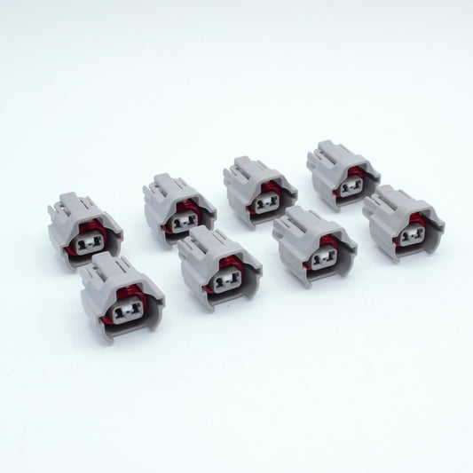 Set of 8 Toyota EV6 USCAR injector connector
Grey with a red seal orange seal and a white TPA
Has 2 keys that are high higher close to top
2 terminal, sealed
Made by Sumitomo TS series
sold in sets of 4, 6 or 8 
For 1JZ 2JZ 1UZ 3UZ engines
