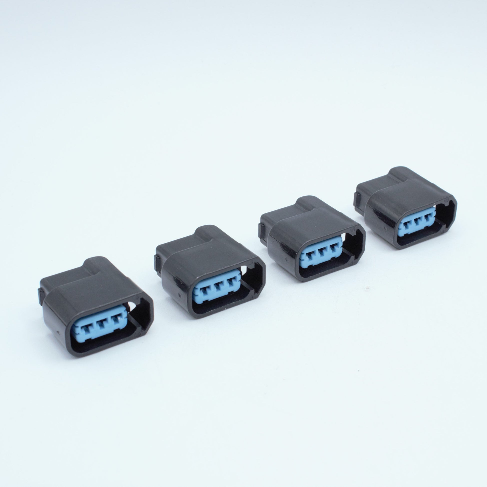 Set of 4 Honda Acura ignition coil connectors from K20 and K24 engines
Black with blue TPA, sealed 3 way terminal pin
Made by Sumitomo HX 090 series

Common upgrade for SR JZ RB and 7M engines. also Found on Honda J series V6 engines J35 J37 J32
sold in packs of 4,6 or 8 comes with terminals and seals
