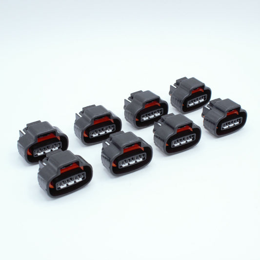 Set of 8 Toyota 1UZ VVTI ignition coil connectors
Black with orange seal red seals and a White TPA
4 way terminal pin, sealed
Made by Sumitomo TS series

Sold in packs of 8, comes with terminals and seals