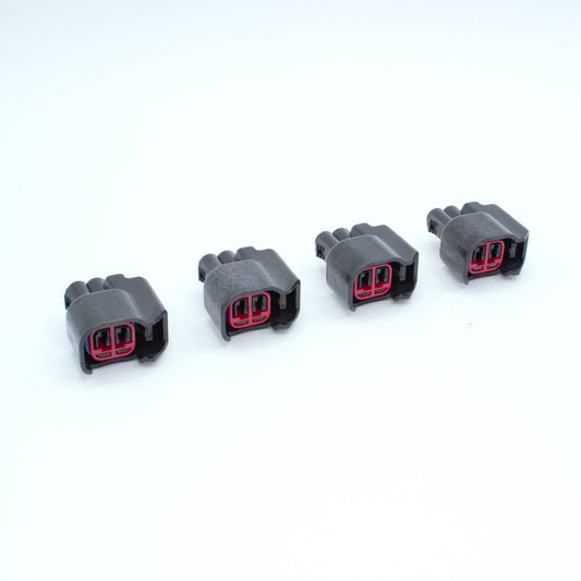 set of 4 EV14 injector connectors 
black, red TPA blue seal
2 way terminal pin
sealed
Made by EPC 1.5 sealed series using yazaki terminals and seals
common for aftermarket EV14 injectors like Deatchwerks, injector dynamics, CPI, FIC fuel injector clinic and some OEM type

sold in sets of 4, 6 or 8 with terminals and seals